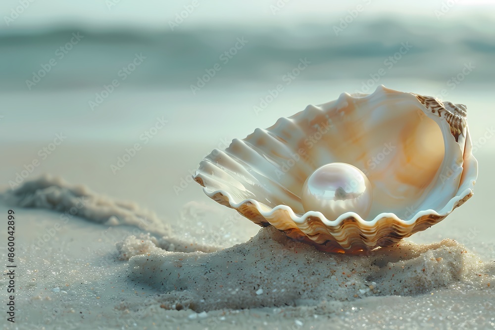 A single, perfectly round pearl nestled inside a cracked, open seashell on a sandy beach. Minimalist style, photorealistic details. High-resolution photo background. A single, perfectly round pearl nestled inside a cracked, open seashell on a sandy beach. Minimalist style, photorealistic details. High-resolution photo background.