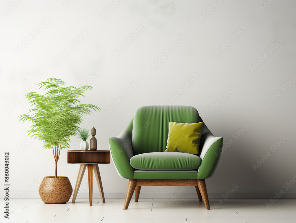 Fototapeta premium Eyecatching Modern interior room with nice furniture with leather armchair on empty white wall