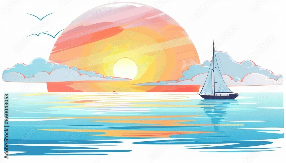 Naklejka premium A cute cartoon Style ofA beautiful sunset over a calm ocean with a sailboat