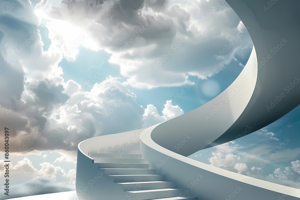 A spiral staircase ascending into a cloud-filled sky. Minimalist design, photorealistic aesthetic. High-resolution photo background. A spiral staircase ascending into a cloud-filled sky. Minimalist design, photorealistic aesthetic. High-resolution photo background.