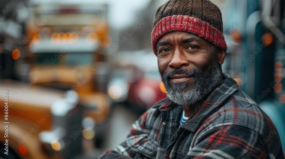 A bearded man wearing a red and brown plaid jacket and a red knitted beanie stands confidently with crossed arms in front of parked trucks, under overcast skies. A bearded man wearing a red and brown plaid jacket and a red knitted beanie stands confidently with crossed arms in front of parked trucks, under overcast skies.