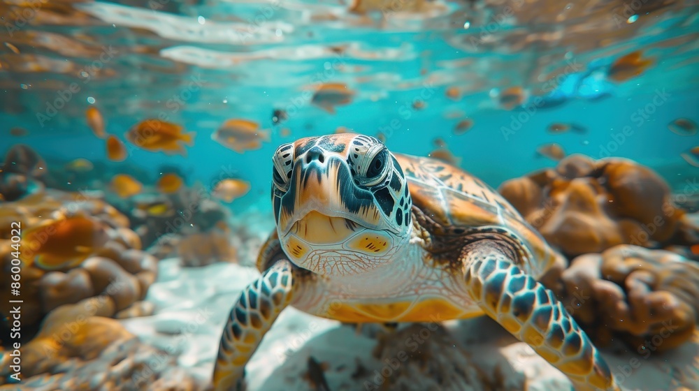 Fototapeta premium A vibrant underwater scene featuring a sea turtle swimming gracefully among colorful coral reefs, surrounded by various small fish, capturing the essence of marine life.