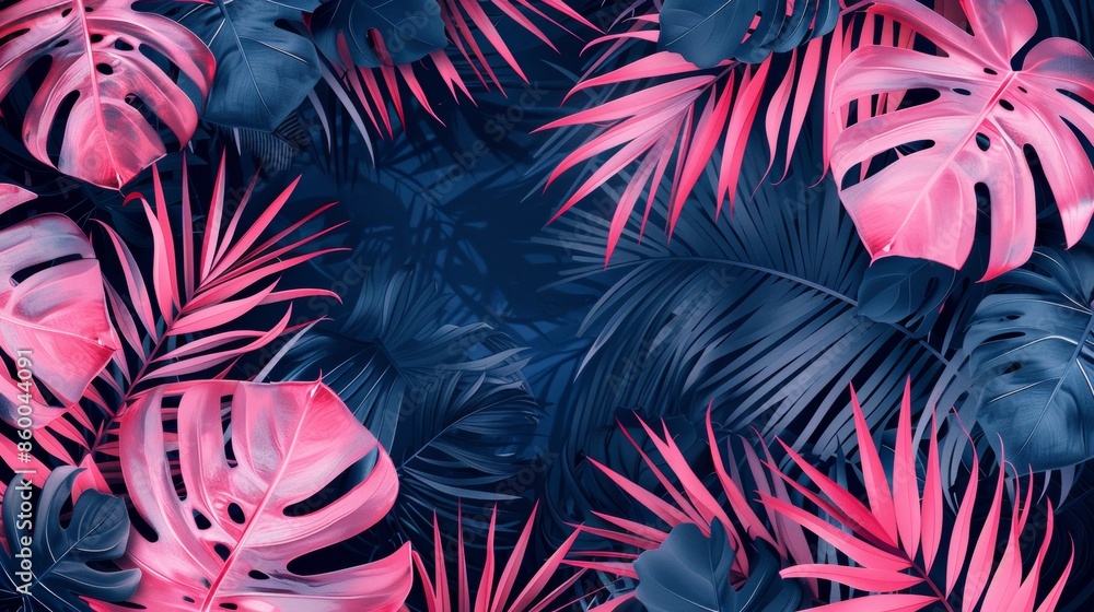 Naklejka premium Jungle pink leaves isolated on blue 