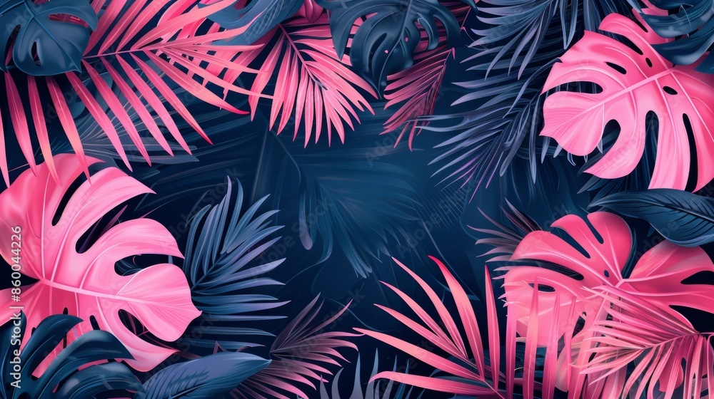 Obraz premium Jungle pink leaves isolated on blue 