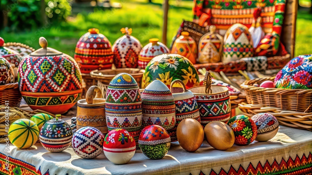 Fototapeta premium Traditional Ukrainian souvenirs on display at a festival embroidered clothing, pysanka eggs, pottery
