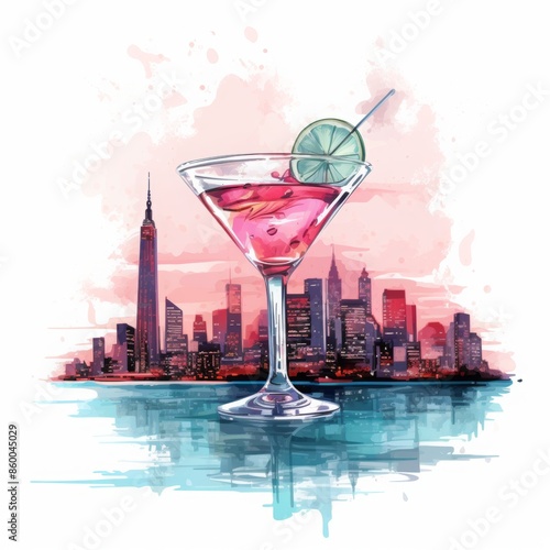 Cocktail Day with Berries, Fruits and Mint Leaves. Hand Drawn Coctail Day Sketch on White Background. Illustration of the City of Manhattan in the Background. photo