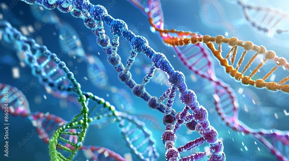 Abstract 3D rendering of colorful DNA strands on a blue background. Perfect for science, technology, and medical concepts. Abstract 3D rendering of colorful DNA strands on a blue background. Perfect for science, technology, and medical concepts.