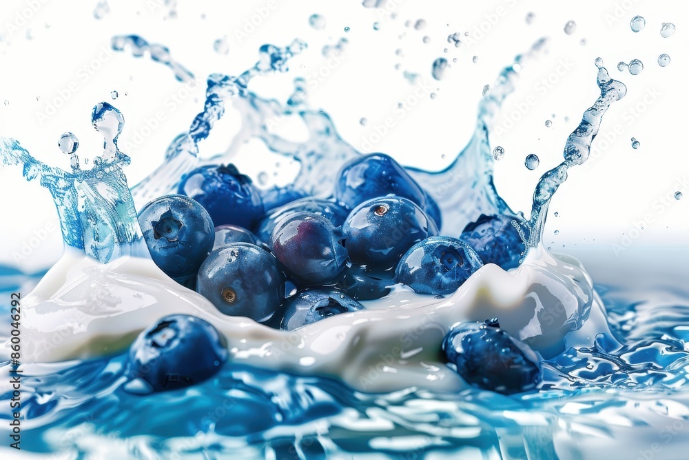 custom made wallpaper toronto digitalClose-up of fresh blueberries splashing into milk, creating a vibrant and refreshing scene perfect for food and beverage imagery.