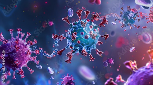 Microscopic view of colorful viruses and red blood cells in a blue background. photo