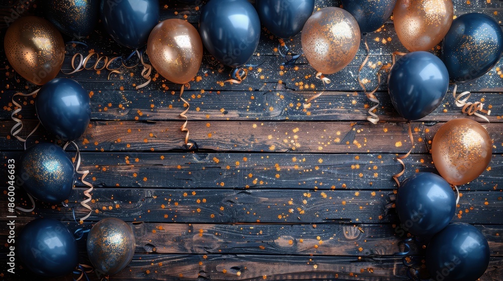 Naklejka premium A decorative display of blue and gold balloons positioned on a wooden floor, complemented by curling ribbons and golden confetti, ideal for festive celebrations and parties.