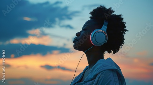Profile of a Black woman wearing headphones, enjoying music and relaxation at sunset © Fat Bee