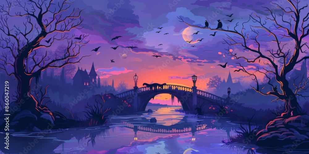 Halloween Night with Haunted Bridge Illustration Halloween Night with Haunted Bridge Illustration