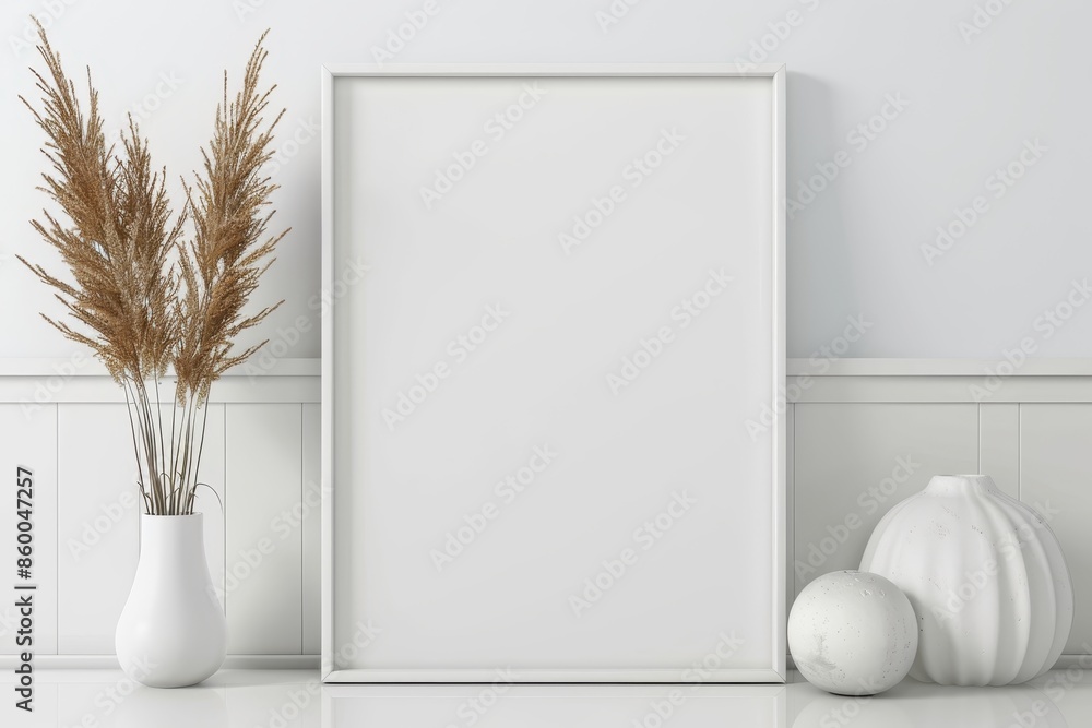 Minimalist white picture frame on a shelf with decorative vases and dried plants, perfect for a modern home or office decor. Minimalist white picture frame on a shelf with decorative vases and dried plants, perfect for a modern home or office decor.
