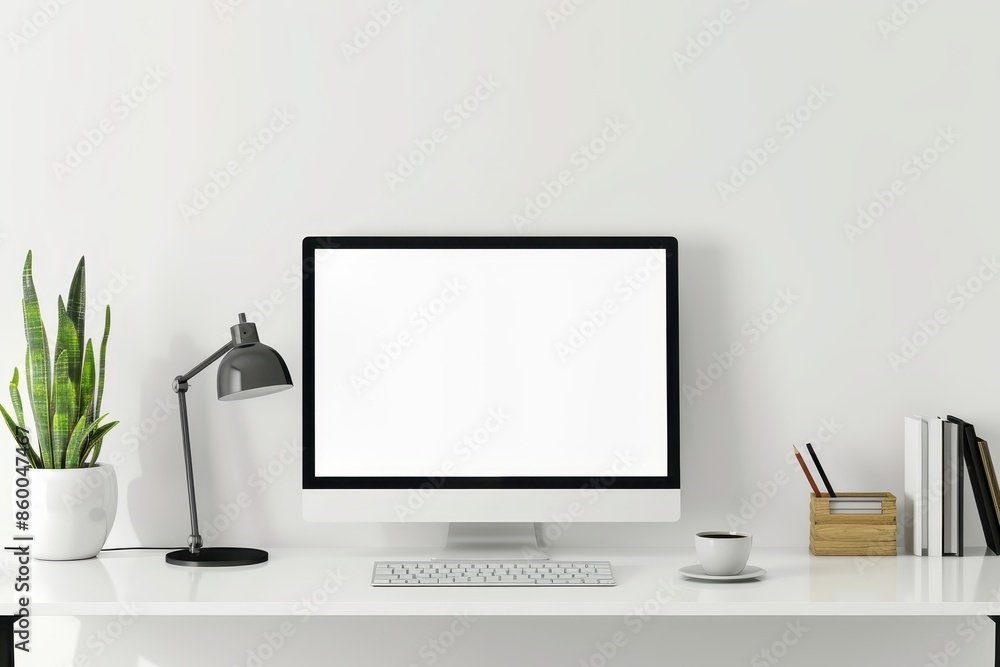 Modern minimalist workspace with desktop computer, potted plant, lamp, and stationery. Clean and organized office desk setup for productivity. Modern minimalist workspace with desktop computer, potted plant, lamp, and stationery. Clean and organized office desk setup for productivity.