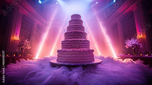 This image captures a vibrant five-tier wedding cake decorated with flowers and spotlights, set within a luxurious ballroom that is ready for a grand celebration. photo