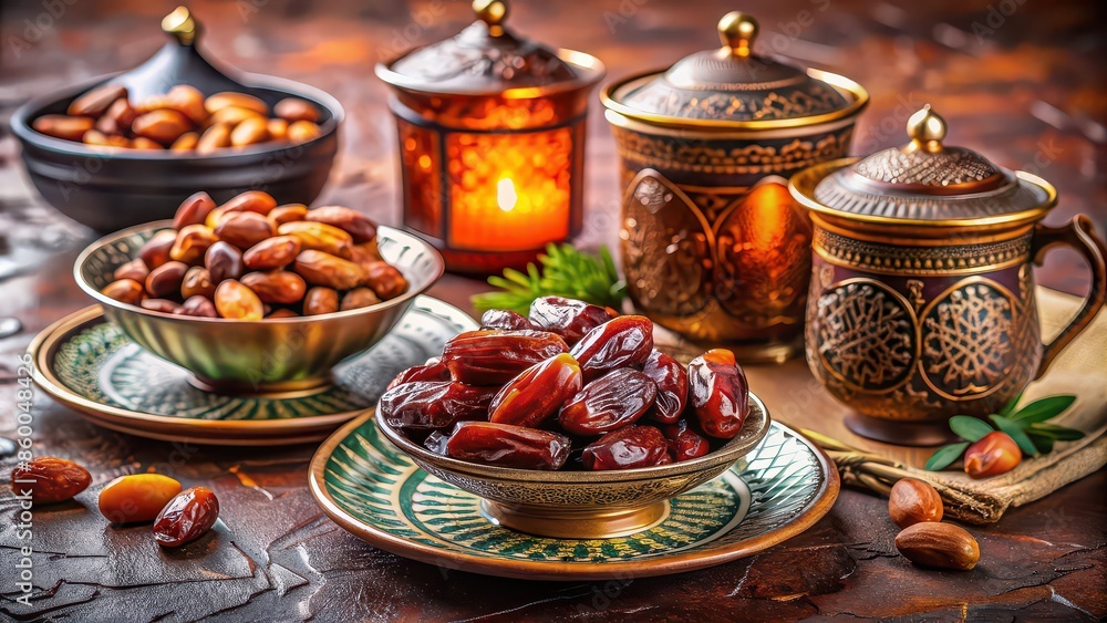 Traditional Arabic dishes served during Ramadan with dates and almonds , Ramadan, Arabic cuisine, traditional, food Traditional Arabic dishes served during Ramadan with dates and almonds , Ramadan, Arabic cuisine, traditional, food