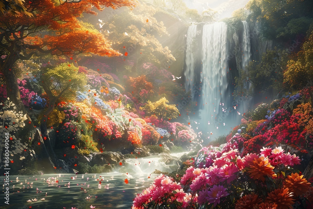 Beautiful Paradise Land with Flower and Waterfall created with Generative AI Beautiful Paradise Land with Flower and Waterfall created with Generative AI