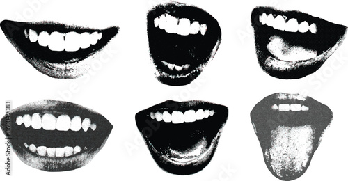 Lips and mouth in scream with monochrome photocopy effect, for grunge punk y2k collage design. Elements in stipple halftone brutalist retro design.