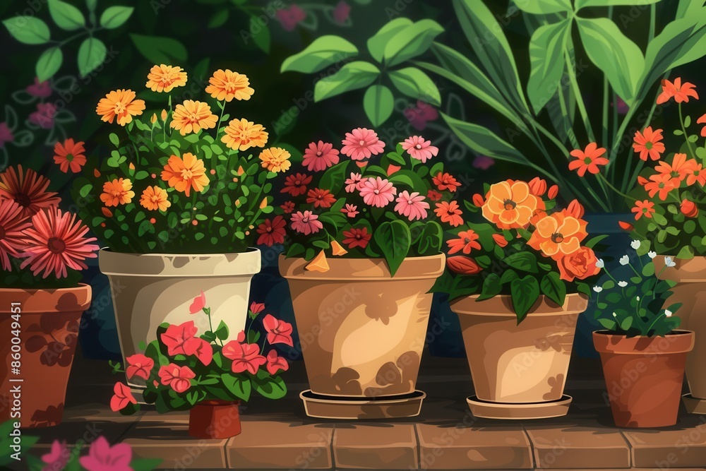 A row of potted flowers in various colors and sizes on a sunny day at the garden center. Generative AI A row of potted flowers in various colors and sizes on a sunny day at the garden center. Generative AI