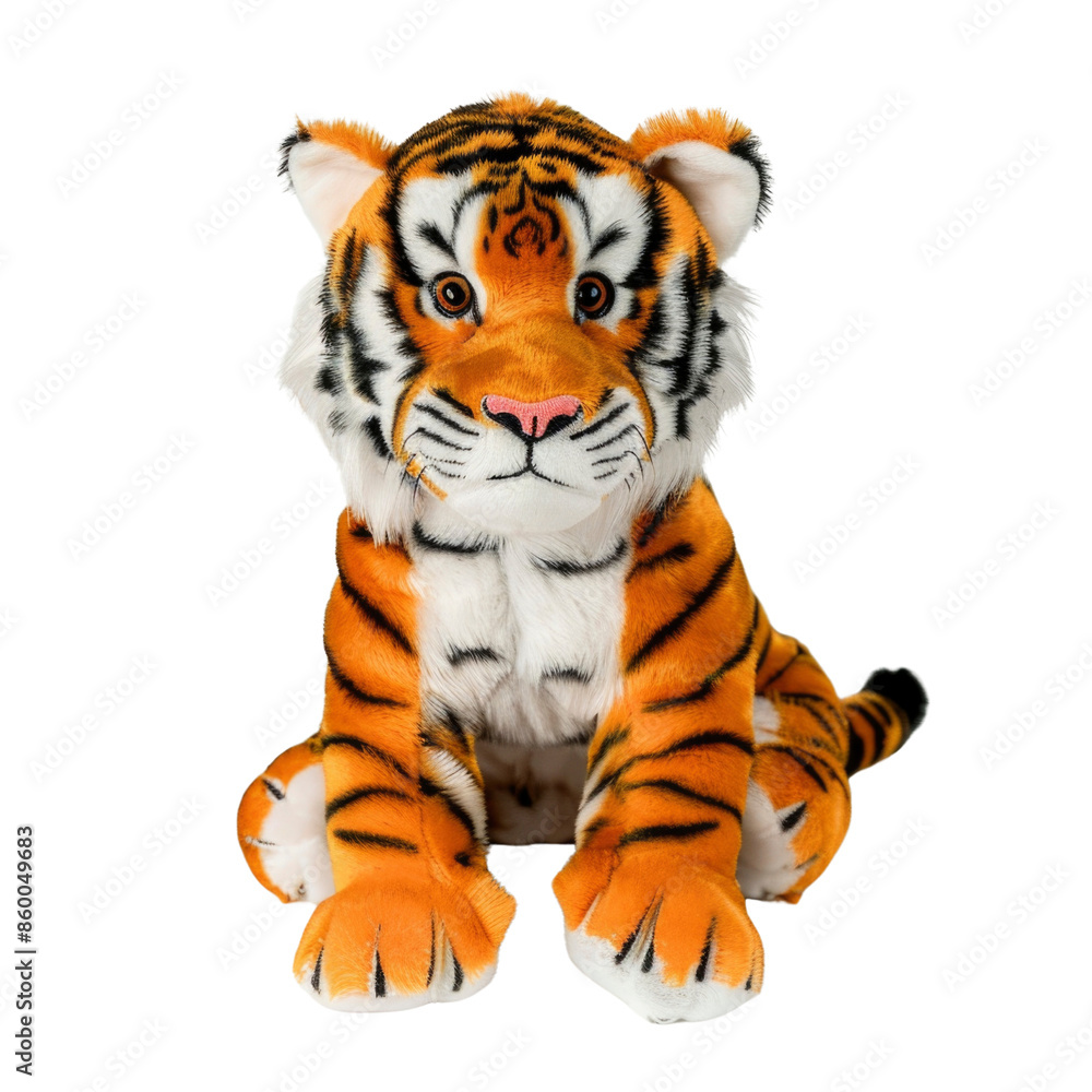A plush tiger, with orange and black stripes, is sitting on an isolated background. It looks soft and cuddly with big brown eyes. A plush tiger, with orange and black stripes, is sitting on an isolated background. It looks soft and cuddly with big brown eyes.