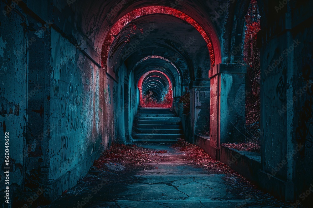Fototapeta premium A Mysterious Passageway Lit by Red and Blue Lights