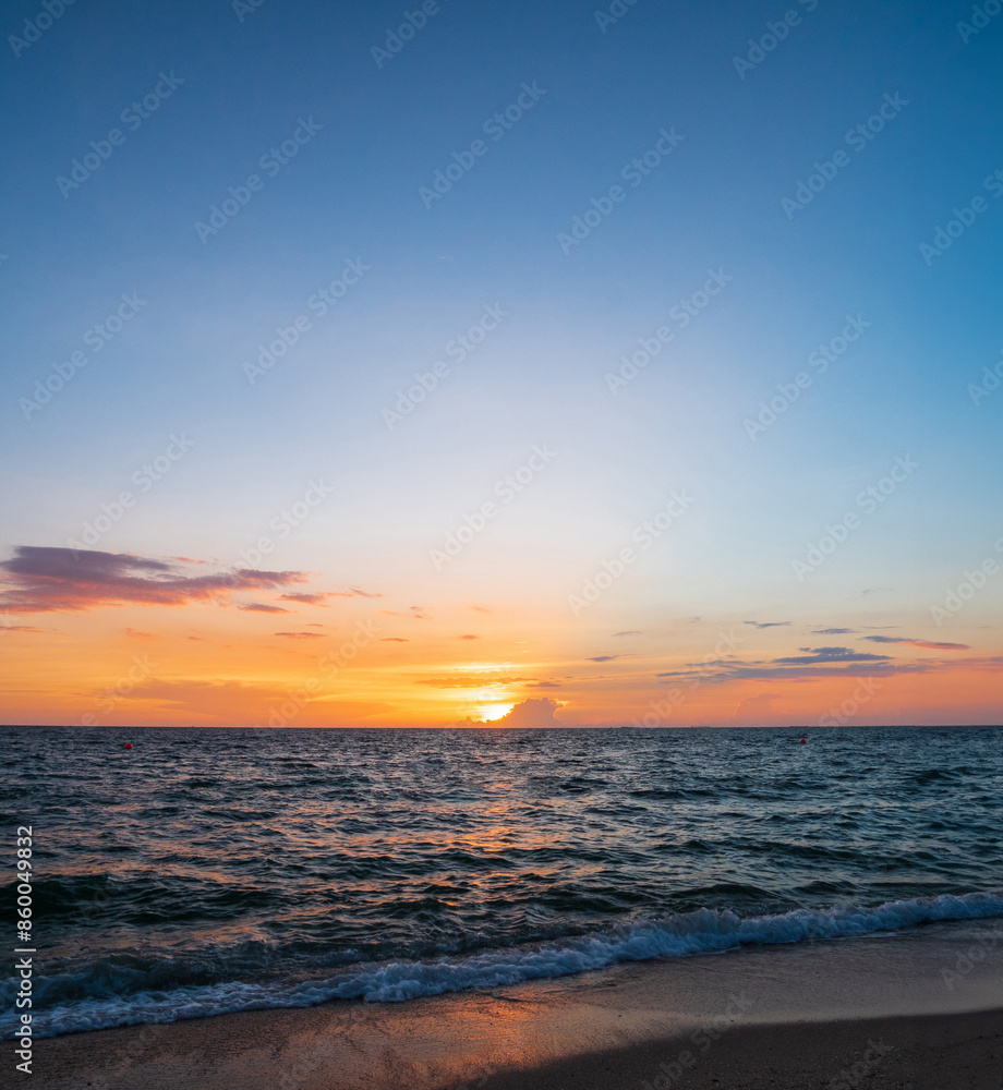 Fototapeta premium Landscape horizon viewpoint vertical summer shore sea beach nobody wind wave cool holiday look calm big sunset sky twilight evening on day time nature tropical coast beautiful ocean water travel