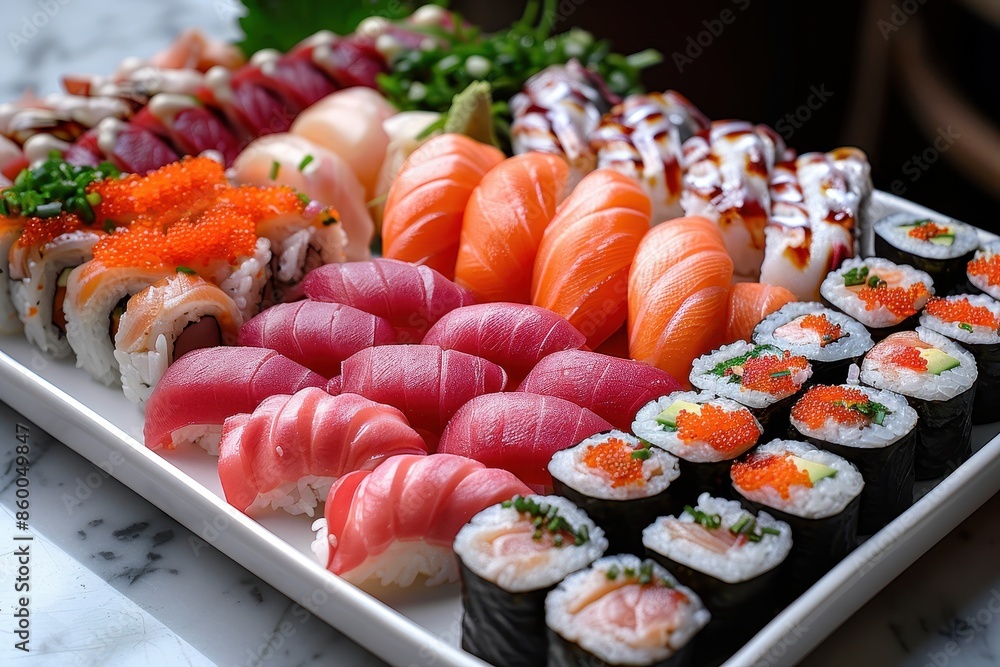 A beautifully arranged platter of assorted sushi, featuring rare and premium fish like bluefin tuna and sea urchin, with a side of soy sauce in a porcelain dish. A beautifully arranged platter of assorted sushi, featuring rare and premium fish like bluefin tuna and sea urchin, with a side of soy sauce in a porcelain dish.