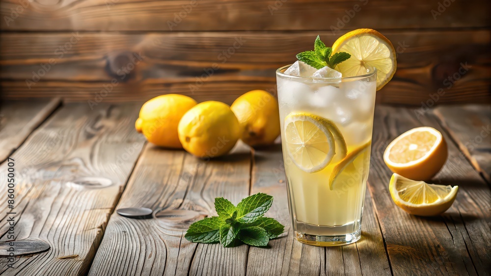 Fototapeta premium Refreshing glass of ice lemonade on a wooden table , ice lemonade, drink, beverage, glass, refreshing, cold, summer