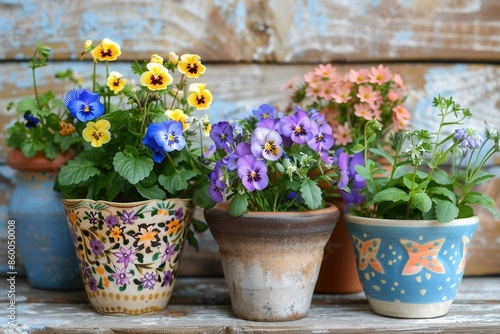 A close-up shot of four potted plants with colorful flowers, showcasing their vibrant hues against a rustic wooden backdrop. Perfect for garden centers and home decor stores. Generative AI