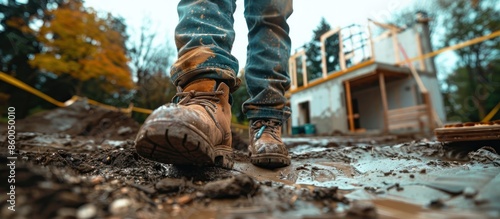 A man is walking in muddy boots