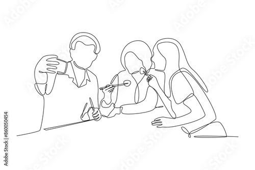 Simple line drawing of A group of people take photos while eating. Happy people eating, talking at home and restaurants parties, hangouts with food and drinks. 