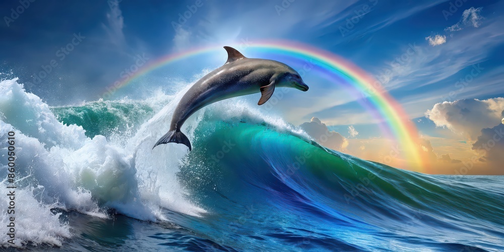 of a dolphin jumping over a rainbow ocean wave, dolphin, jump, , rainbow, ocean, wave, underwater, marine life, aquatic of a dolphin jumping over a rainbow ocean wave, dolphin, jump, , rainbow, ocean, wave, underwater, marine life, aquatic