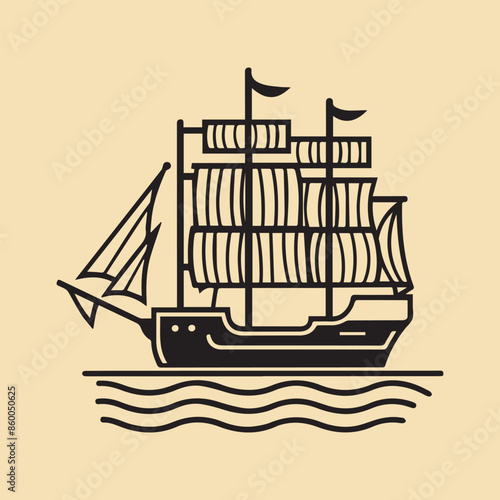 Ship Line Art Vector illustration.