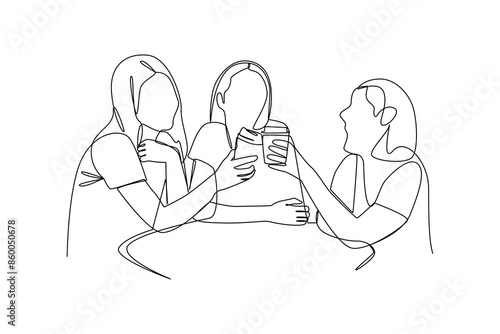 Simple line drawing of people the women hang out with drinks in their hands. Happy people eating, talking at home and restaurants parties, hangouts with food and drinks. 