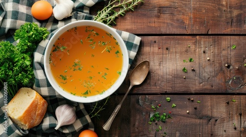 Fresh beef broth appetizer on rustic top view table