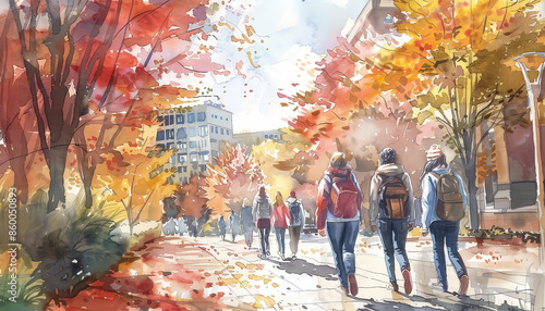 A group of students walking down a path in the fall