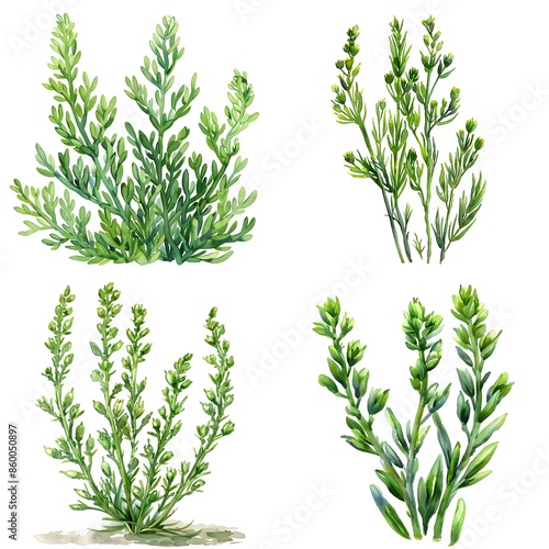 Set Of Watercolor Pickle Weed Salicornia Virginica Illustration On White Background
