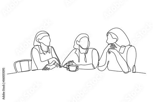 Simple line drawing of a group of women hanging out together while telling stories. Happy people eating, talking at home and restaurants parties, hangouts with food and drinks. 
