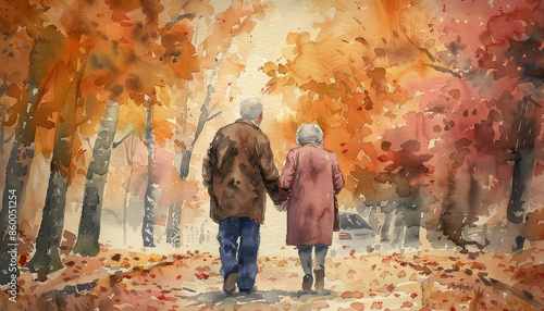 A couple is walking in the fall, holding hands