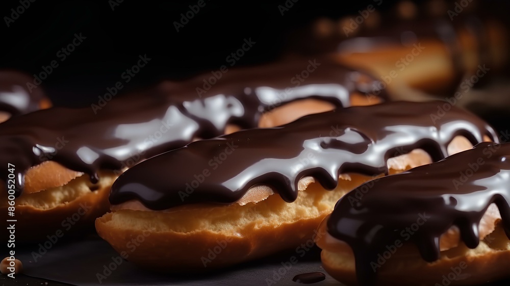 eclairs with a glossy chocolate glaze and creamy filling, a perfect indulgence.
eclairs with a glossy chocolate glaze and creamy filling, a perfect indulgence.