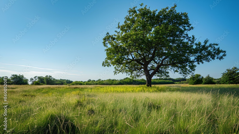 A vast meadow with tall grass and a single large tree providing shade. The sky is clear and blue, adding to the sense of openness and freedom in the scene.
A vast meadow with tall grass and a single large tree providing shade. The sky is clear and blue, adding to the sense of openness and freedom in the scene.