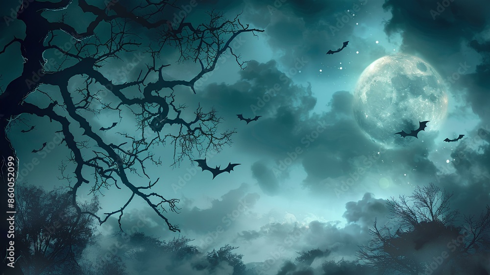 Naklejka premium A spooky Halloween night scene with a full moon shining brightly, silhouetting bats flying across the sky, and eerie tree branches.