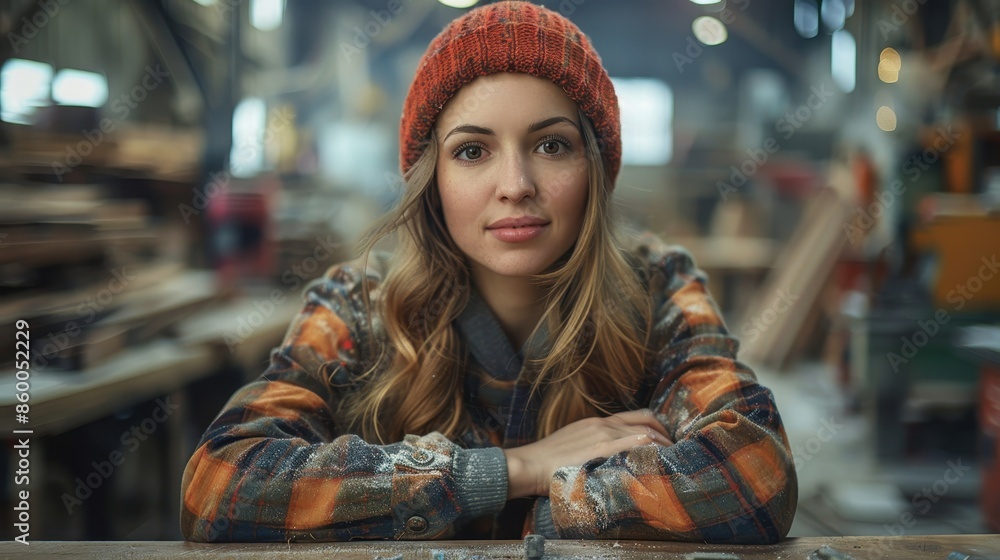 A cozy image capturing a woman in an orange beanie, surrounded by the tools and materials of a busy wood workshop, exuding a sense of creativity and diligence. A cozy image capturing a woman in an orange beanie, surrounded by the tools and materials of a busy wood workshop, exuding a sense of creativity and diligence.