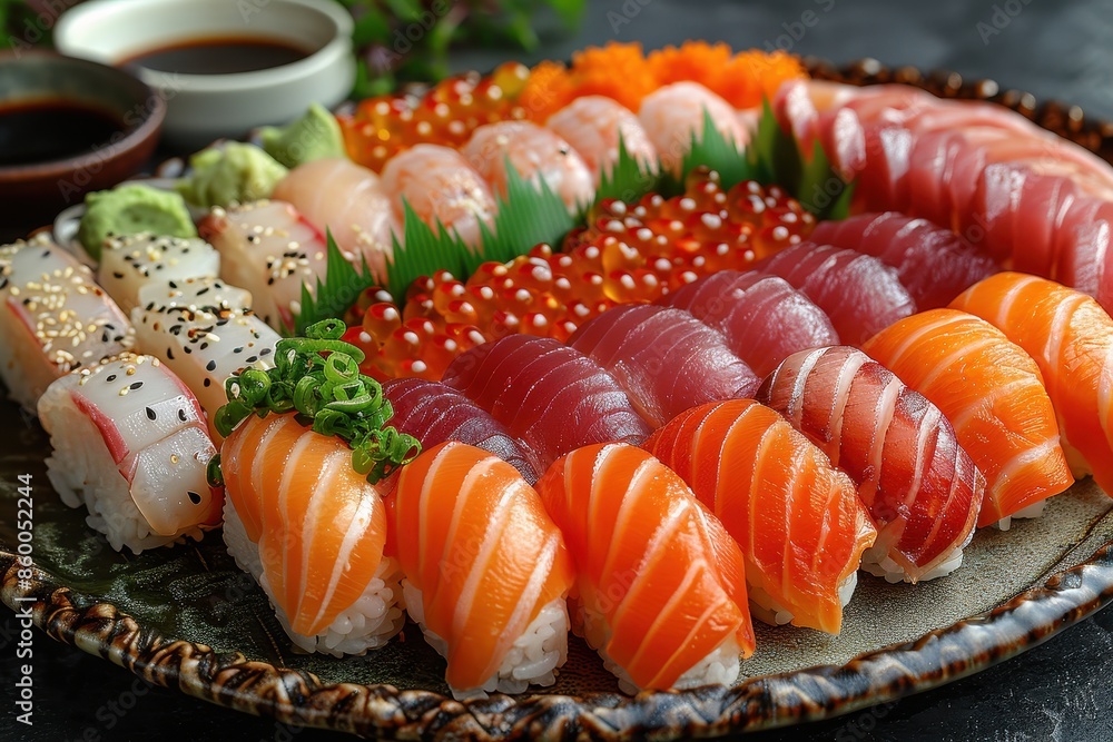 A beautifully arranged platter of assorted sushi, featuring rare and premium fish like bluefin tuna and sea urchin, with a side of soy sauce in a porcelain dish. A beautifully arranged platter of assorted sushi, featuring rare and premium fish like bluefin tuna and sea urchin, with a side of soy sauce in a porcelain dish.