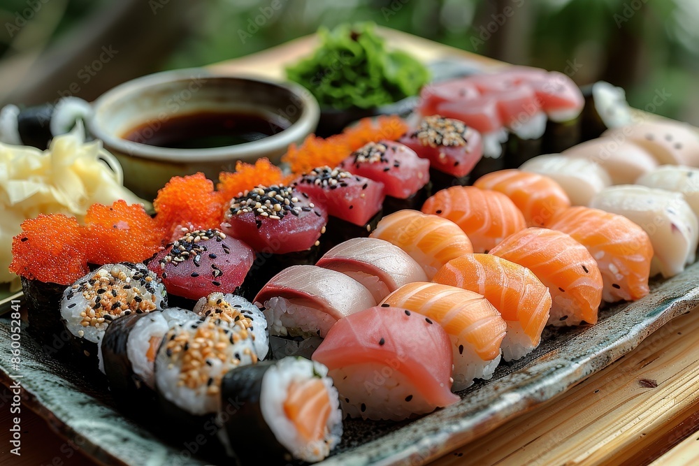 A beautifully arranged platter of assorted sushi, featuring rare and premium fish like bluefin tuna and sea urchin, with a side of soy sauce in a porcelain dish. A beautifully arranged platter of assorted sushi, featuring rare and premium fish like bluefin tuna and sea urchin, with a side of soy sauce in a porcelain dish.