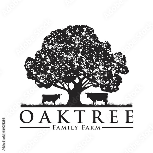 Oak Tree with Cow Cattle on the Bottom Illustration Hand Drawing Symbol Logo Vector photo