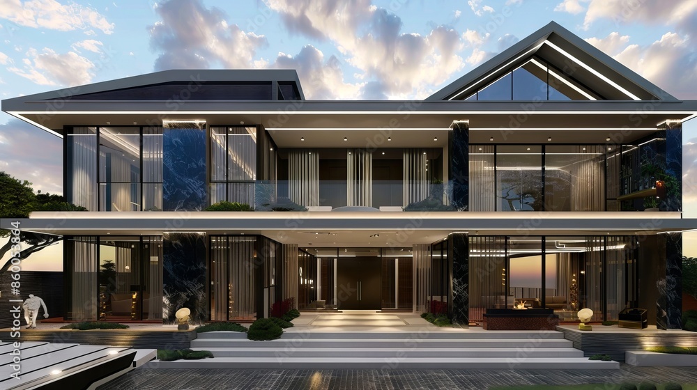 A modern house with glass and stone exterior. A modern house with glass and stone exterior.