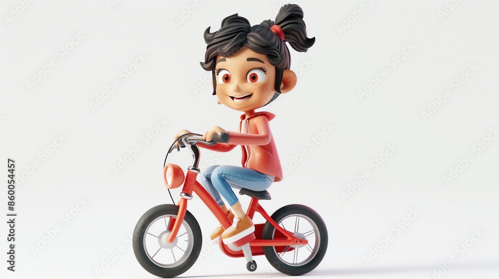 Fototapeta premium A happy 3D cartoon girl is riding a red bicycle.