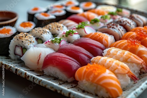 A beautifully arranged platter of assorted sushi, featuring rare and premium fish like bluefin tuna and sea urchin, with a side of soy sauce in a porcelain dish. 