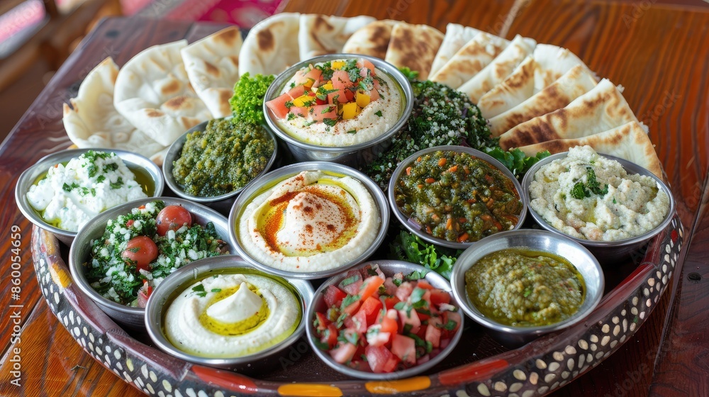 beautifully arranged platter of Lebanese mezze with hummus, tabbouleh, baba ghanoush, and pita bread, showcasing a variety of flavors beautifully arranged platter of Lebanese mezze with hummus, tabbouleh, baba ghanoush, and pita bread, showcasing a variety of flavors